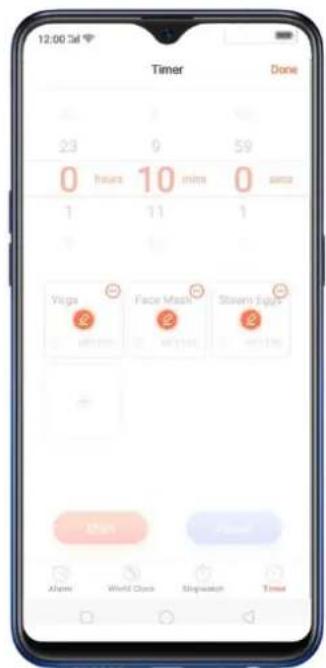 12:00 Sat Timer Done 23 0 9 59 0 hours 10 mins 0 seconds 1 11 1 Yoga Face Mash Stavem Sgys @min @yoga @min @yoga Men Alarm World Clock Stopwatch Time