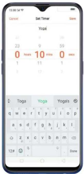 12:00 PM Cancel Set Timer Save Yoga 23 9 59 0 hours 10 mins 0 secs 1 11 1 3 17 I Toga Yoga Yoga's q w e r t y u i o p a s d f g h j k l z x c v b n m 12# Done