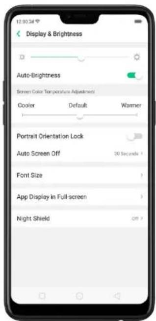Display & Brightness Auto-Brightness Screen Color Temperature Adjustment Cooler Default Warmer Portrait Orientation Lock Auto Screen Off 30 Seconds Font Size App Display in Full-screen Night Shield