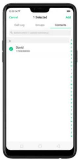 12:00:34 Cancel 1 Selected Add Call Log Groups Contacts Search without (I) or (II) (I) David 175068080000