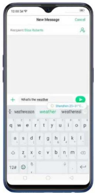 New Message Cancel Recipient: Elisa Roberts + What's the weather I: weatherreason weather weatherreal q w e r t y u i o p a s d f g h j k l z x c v b n m 12#