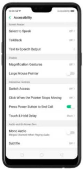 Accessibility Text-to-Speech Reader Select to Speak TalkBack Text-to-Speech Output Displays Magnification Gestures Large Mouse Pointer Interactive Controls Switch Access Click When the Pointer Stops Moving Press Power Button to End Call Touch & Hold Delay Audio and On Screen Text Mono Audio Morgan Channels When Playing Audio Subtitle