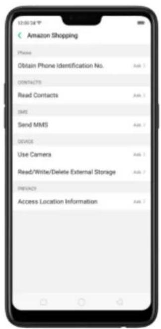 Amazon Shopping Phone Obtain Phone Identification No. A## 3 CONTACTS Read Contacts A## 3 SMS Send MMS A## 7 DEVICE Use Camera A## 3 Read/Write/Delete External Storage A## 7 FIDACY Access Location Information A## 7