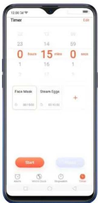 12:00 3d Timer Edit 23 14 59 0 hours 15 mins 0 secs 1 16 1 Face Mask Steam Eggs + 00:00 00:00 Start