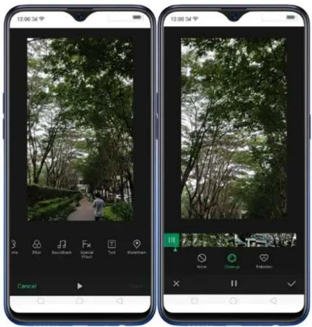 Two smartphone screenshots showing outdoor scenes with visible UI controls and text overlays, including a tree scene and playback controls.