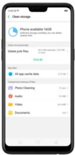 12:00:34 Clean storage Phone available 16GB Sufficient storage available, you can delete outlines files Clean recommendations Delete junk files 90.4 MB selected / 137.4MB in total End all App data All app cache data £27.5M Categorized cleanup of files Photo Cleaning 21 pcs Audio 8.2 MB Video 90.4 MB Documents 0.8