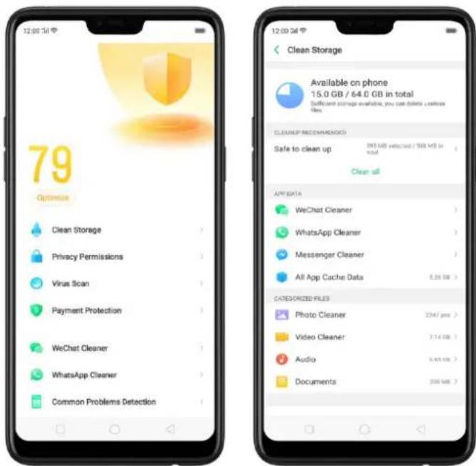 12:00:54 79 Optimize Clean Storage Privacy Permissions Virus Scan Payment Protection WeChat Cleaner WhatsApp Cleaner Common Problems Detection 12:00:54 Clean Storage Available on phone 15.0 GB / 64.0 GB in total! Sufficient storage available, you can delete cache files CLEANUP RECOMMENDS Safe to clean up NEI MS selected / 368 MS in total Clear all API DATA WeChat Cleaner WhatsApp Cleaner Messenger Cleaner All App Cache Data 8.26 MB CATEGORIZED FILES Photo Cleaner Video Cleaner Audio Documents