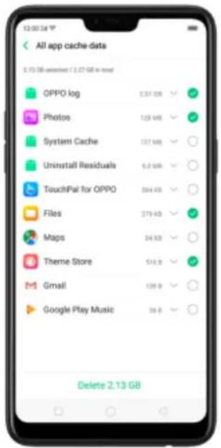 All app cache-data 0.13 GB selected if 2.27 GB in mmol OPPO log 537 KB Photos 128 KB System Cache 127 KB Uninstall Residuals 6.0 KB TouchPal for OPPO 304 KB Files 279 KB Maps 34 KB Theme Store 51.8 KB Gmail 106 KB Google Play Music 96 KB Delete 2.13 GB