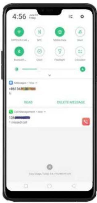 4:56 June 10 Friday DHPS.CAL.48 MPC Mobile Data Show Bimuatt... Clock Filelight Calculate Messages - now - +86136 % READ DELETE MESSAGE Call Management - now - 136 1 missed call Data Usage, Temp 2.8, Pin Mini 0.9