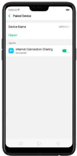 12:00:34 Paired Device Device Name OPPO FS > Unpair Use for Internet Connection Sharing Connected