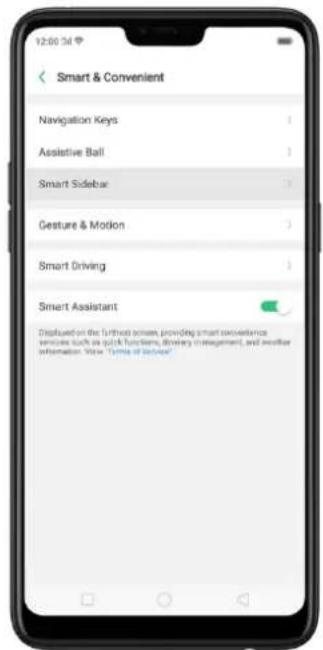 12:00:34 Smart & Convenient Navigation Keys Assistive Ball Smart Sidebar Gesture & Motion Smart Driving Smart Assistant Displayed on the fourth screen, providing smart convenience services such as quick functions, lighting management, and other information. See "Forms of Services"