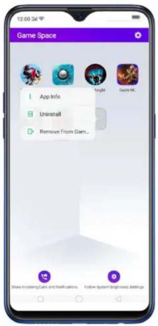Game Space App Info Uninstall Remove From Gam... Show InLearning Calls and Nifications. Follow System Brightness Settings