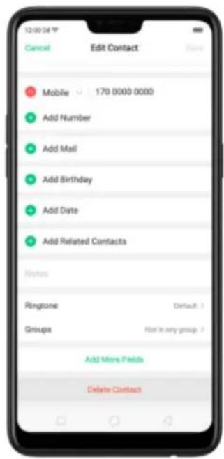 12:00:34 ° Cancel Edit Contact Name Mobile 170 0000 0000 Add Number Add Mail Add Birthday Add Date Add Related Contacts Notes Ringtone Default: Groups Not in any group ? Add More Fields Delete Contact