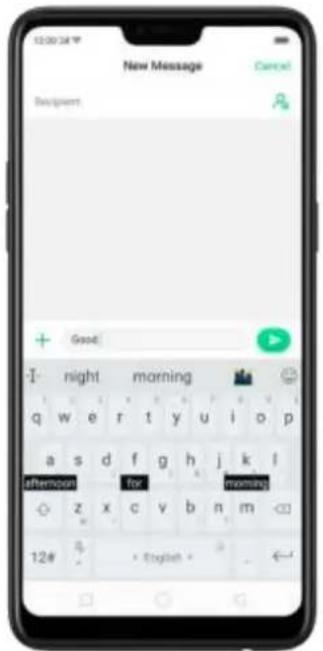 12:00:34 New Message Beginnent: Good! I: night morning q w e r t y u i o p a s d f g h j k l afternoon for morning o z x c v b n m 12# English