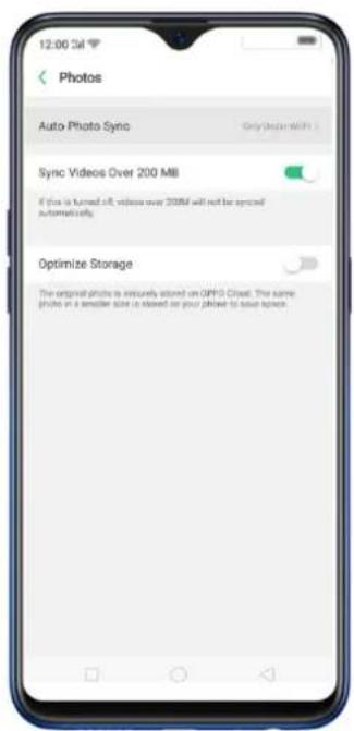 12:00 Call Photos Auto Photo Sync Only double white Sync Videos Over 200 MB If this is turned off, videos over 300M will not be signed Automated offy. Optimize Storage The original photo is virtually stored on QF15 Cloud. The same photo in a remote site is stored on your photo to save space.