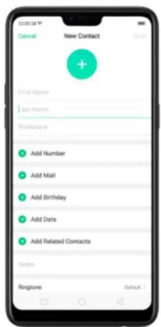 12:00:34 T Cancel New Contact Status: Add Name Workplace Add Number Add Mail Add Birthday Add Date Add Related Contacts Notes Ringtone Default 1