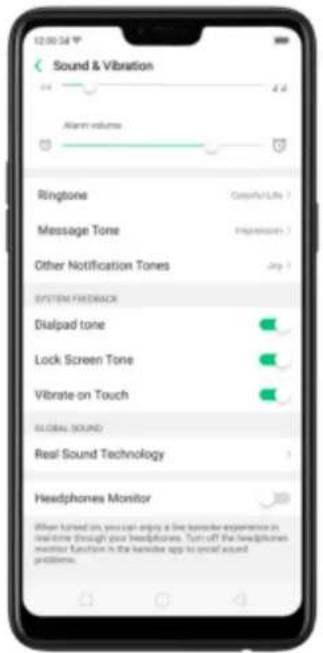 12:00:34 Sound & Vibration Alarm volume Ringtone Message Tone Impression Other Notification Tones Jing SYSTEM FEDRACK Dialpad tone Lock Screen Tone Vibrate on Touch GLOBAL SOUND Real Sound Technology Headphones Monitor When turned on, you can enjoy a live headphone experience in real time through your headphones. Turn off the Headphones monitor function is the headphone app to email sound problems.