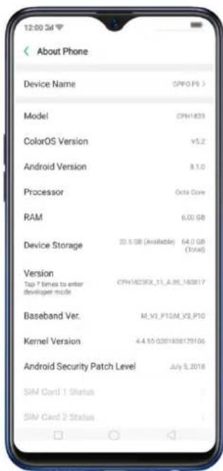 About Phone Device Name OPPO.P9 > Model CFH1433 ColorOS Version V5.2 Android Version 8.1.0 Processor Octa Cove RAM 6.00 GB Device Storage 20.5 GB (Available) 64.0 GB (Total) Version Tap 7 times to enter developer mode CFH1423RX_11_A_8E_160817 Baseband Ver. M_V2_P12M_V3_P10 Kernel Version 4.4.15.0261806179106 Android Security Patch Level July 5, 2018 SIM Card 1 Status SIM Card 2 Status