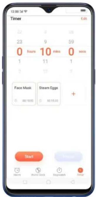 Timer Edit 23 9 59 0 hours 10 mins 0 secs 1 11 1 Face Mask Steam Eggs + 00:15:00 00:15:00 Start
