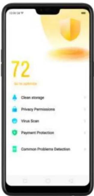 72 Use the optimise Clean storage Privacy Permissions Virus Scan Payment Protection Common Problems Detection
