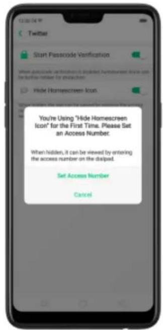 You/he Using "Hide Homscreen Icon" for the First Time. Please Set an Access Number. When Hidden, it can be viewed by entering the access number on the disabled. Set Access Number Cancel