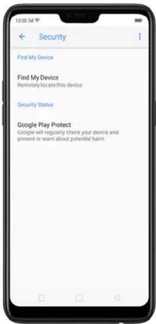 12:00:34 ← Security Find My Device Find My Device Remotely locate this device Security Status Google Play Protect Google will regularly check your device and prevent or warn about potential harm