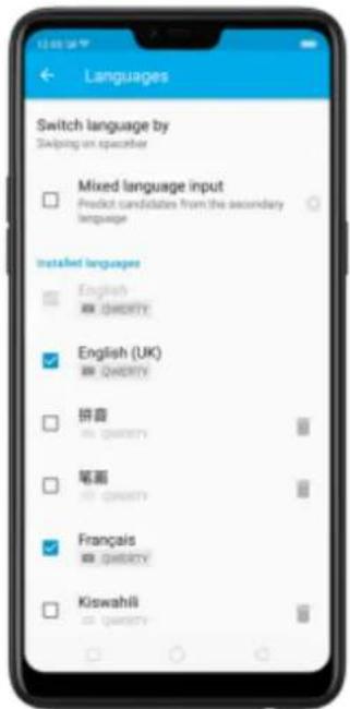 Switch language by Switching an epichester Mixed language input Predict candidates from the secondary language Installed languages English ■ QIARTY English (UK) ■ QIARTY 拼音 ■ QIARTY 笔画 ■ QIARTY Français ■ QIARTY Kiswahili ■ QIARTY