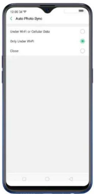 12:00 Cal Auto Photo Sync Under Wi-Fi or Cellular Data Only Under Wi-Fi Close