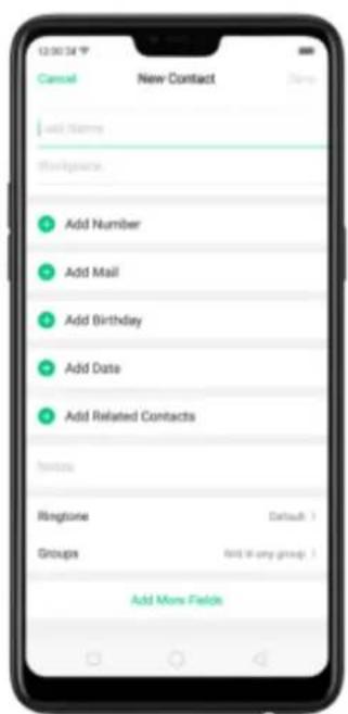 12:00:34 T Cancel New Contact Add Name Workplace Add Number Add Mail Add Birthday Add Date Add Related Contacts Ringsite Groups Add More Fields Default > Add in any group > Add More Fields