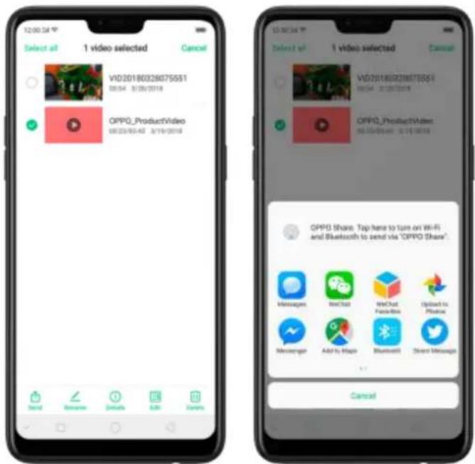12:00:34 Select all 1 video selected Cancel V1D201803260755$1 08:54 3:30/2018 OPPO_ProductVideo 08:22/05:42 3/19/2018 OK Cancel 15:00:34 Select all 1 video selected Cancel V1D201803260755$1 08:54 3:30/2018 OPPO_ProductVideo 08:22/05:42 3/19/2018 OK Cancel OPPO Share: Top here to turn an Wi-Fi and Bluetooth to send via "OPPO Share". Institutions, Web Chat, WiChat Facebook, Options to Messages, Add to Hadoop, Bluetooth, Stream Messages Cancel