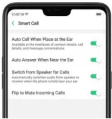 12:00:36 Smart Call Auto Call When Place at the Ear Available at the interfaces of contact details, call details, and message conversations Auto Answer When Near the Ear Switch from Speaker for Calls Automatically switches audio from speaker to receiver when the phone is held near your ear Flip to Mute Incoming Calls