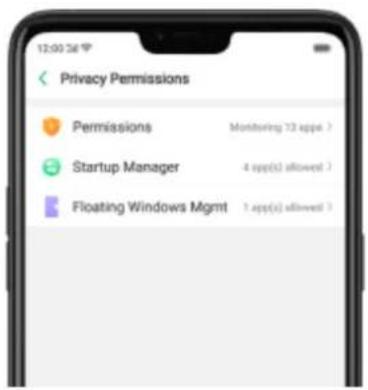 Privacy Permissions Permissions Monitoring 12 apps > Startup Manager 4 apps(s) allowed > Floating Windows Mgmt 1 app(s) allowed >