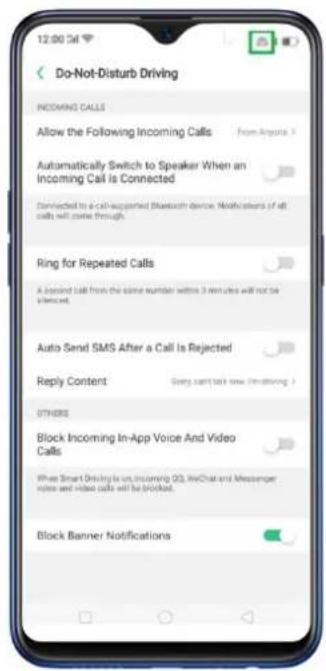 12:00 Call Do-Not-Disturb Driving INCOMING CALLS Allow the Following Incoming Calls From Augusta > Automatically Switch to Speaker When an Incoming Call is Connected Connected to a call-supported Bluetooth device. Notifications of all calls will arrive through. Ring for Repeated Calls A second talk from the same number within 3 minutes will not be silenced. Auto Send SMS After a Call Is Rejected Reply Content Sorry can't talk new. I'm allowing > OTHERS Block Incoming In-App Voice And Video Calls When Smart Driving is on,Incoming QQ, ReChat and Messenger note and video calls will be (Ricked) Block Banner Notifications