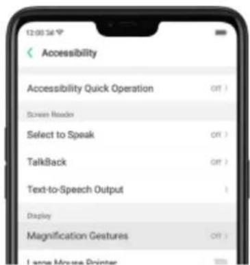 12:00:36 Accessibility Accessibility Quick Operation Screen Reader Select to Speak TalkBack Text-to-Speech Output Display Magnification Gestures I am a Mouse Printer