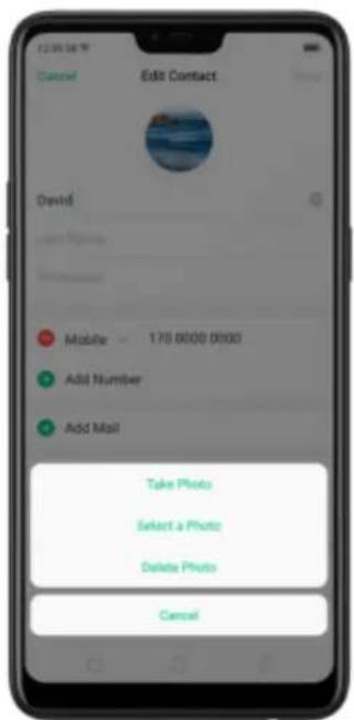 Edit Contact Cancel David Mobile 170 0000 0000 Add Number Add Mail Take Photo Select a Photo Delete Photo Cancel