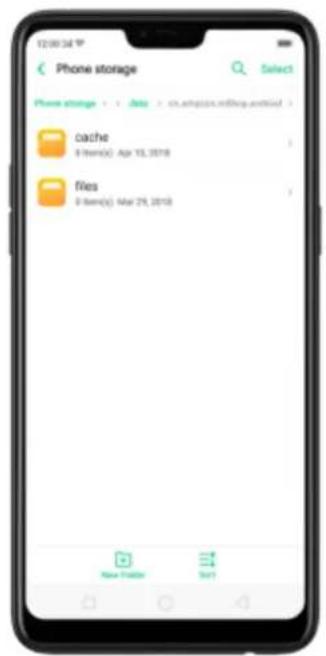 Phone storage Select Phone storage Cache 8-item(s): Apr 15, 2018 files 8-item(s): May 29, 2018 New Folder Sort