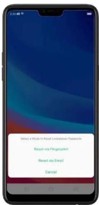 Select a wide to Reset Lockdown Passcode Reset via Fingerprint Reset via Email Cancel