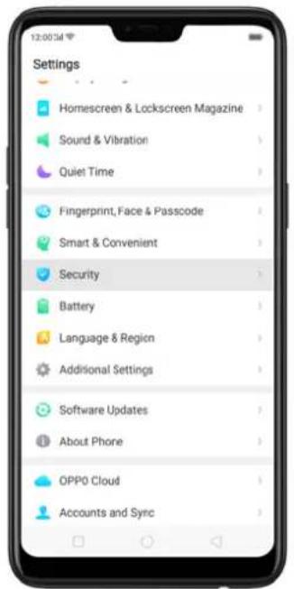 12:00:3d Settings Homescreen & Lockscreen Magazine Sound & Vibration Quiet Time Fingerprint, Face & Passcode Smart & Convenient Security Battery Language & Region Additional Settings Software Updates About Phone OPPO Cloud Accounts and Sync
