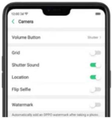 12:00:34 Camera Volume Button Shutter > Grid Shutter Sound Location Flip Selfie Watermark Automatically add an DPPO watermark after taking a photo.