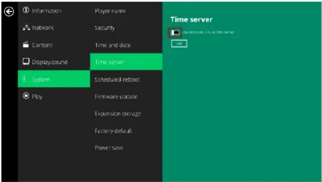 Information Network Content Display/sound System Play Player name Security Time and date Time server Scheduled reboot Firmware update Expansion storage Factory default Power save Time server Use Account Until Last time server Set