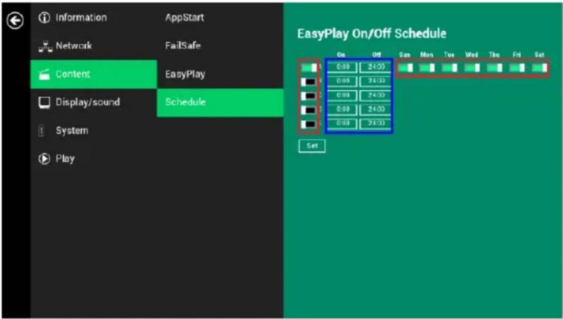 Information AppStart Network FailSafe Content EasyPlay Display/sound Schedule System Play EasyPlay On/Off Schedule On Off Sas Mon Tue Wed Thu Fri Sat 0:00 24:00 0:00 24:00 0:00 24:00 0:00 24:00 0:00 24:00 Set