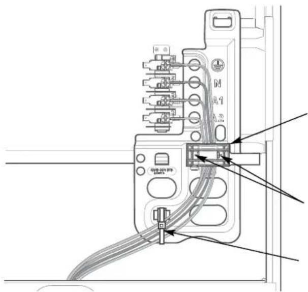 Technical diagram of an electrical terminal block with labeled components and cable connections