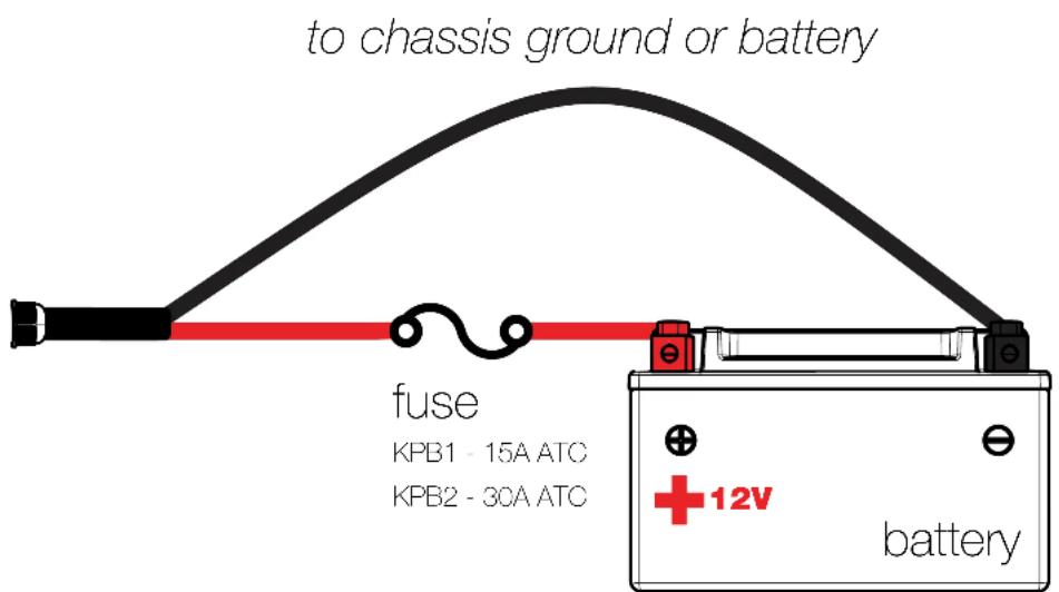 to chassis ground or battery fuse KPB1 - 15A ATC KPB2 - 30A ATC 12V battery