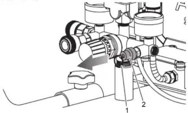 Technical diagram of a mechanical device with labeled parts 1 and 2, showing fluid flow or piping connections.