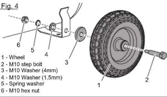 Fig. 4 1 - Wheel 2 - M10 step bolt 3 - M10 Washer (4mm) 4 - M10 Washer (1.5mm) 5 - Spring washer 6 - M10 hex nut