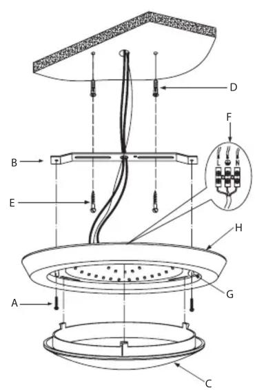 Technical diagram of a mechanical or electrical device with labeled components A through H, showing internal structure and connections.