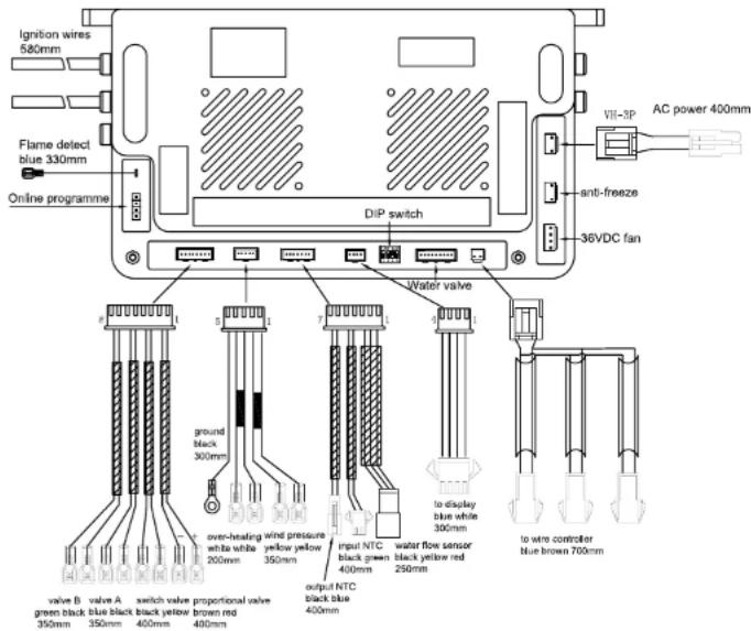 Ignition wires 580mm Flame detect blue 330mm Online programme DIP switch VII-3P AC power 400mm anti-freeze 36VDC fan ground black 300mm over-heating wind pressure white white yellow 200mm 350mm input NTC black green 400mm water flow sensor black yellow red 250mm to display blue white 300mm to wire controller blue brown 700mm valve B valve A switch value proportional valve green black blue black yellow brown red 350mm 350mm 400mm 400mm outflow NTC black blue 400mm