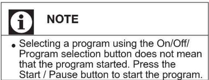 NOTE • Selecting a program using the On/Off/ Program selection button does not mean that the program started. Press the Start / Pause button to start the program.