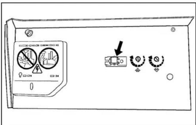 Diagram of a device control panel with warning symbols and a switch mechanism diagram