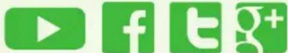 Green social media platform logos including YouTube, Facebook, Twitter, and Google+
